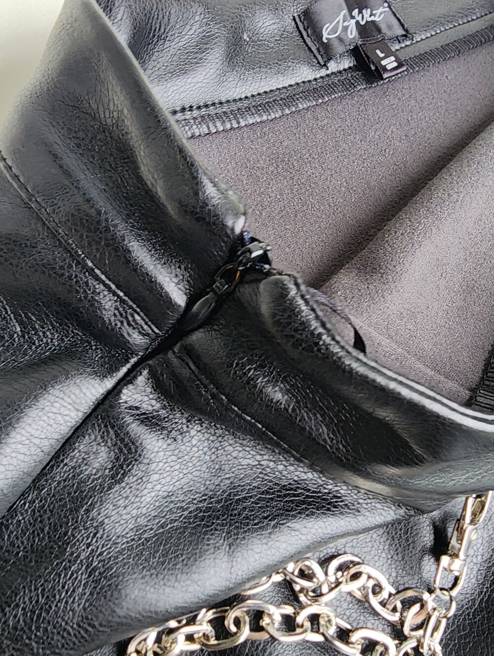 Say What Women's Faux Leather Black Skirt Silver Chain Lock Mini Zip Sz L - Picture 6 of 9